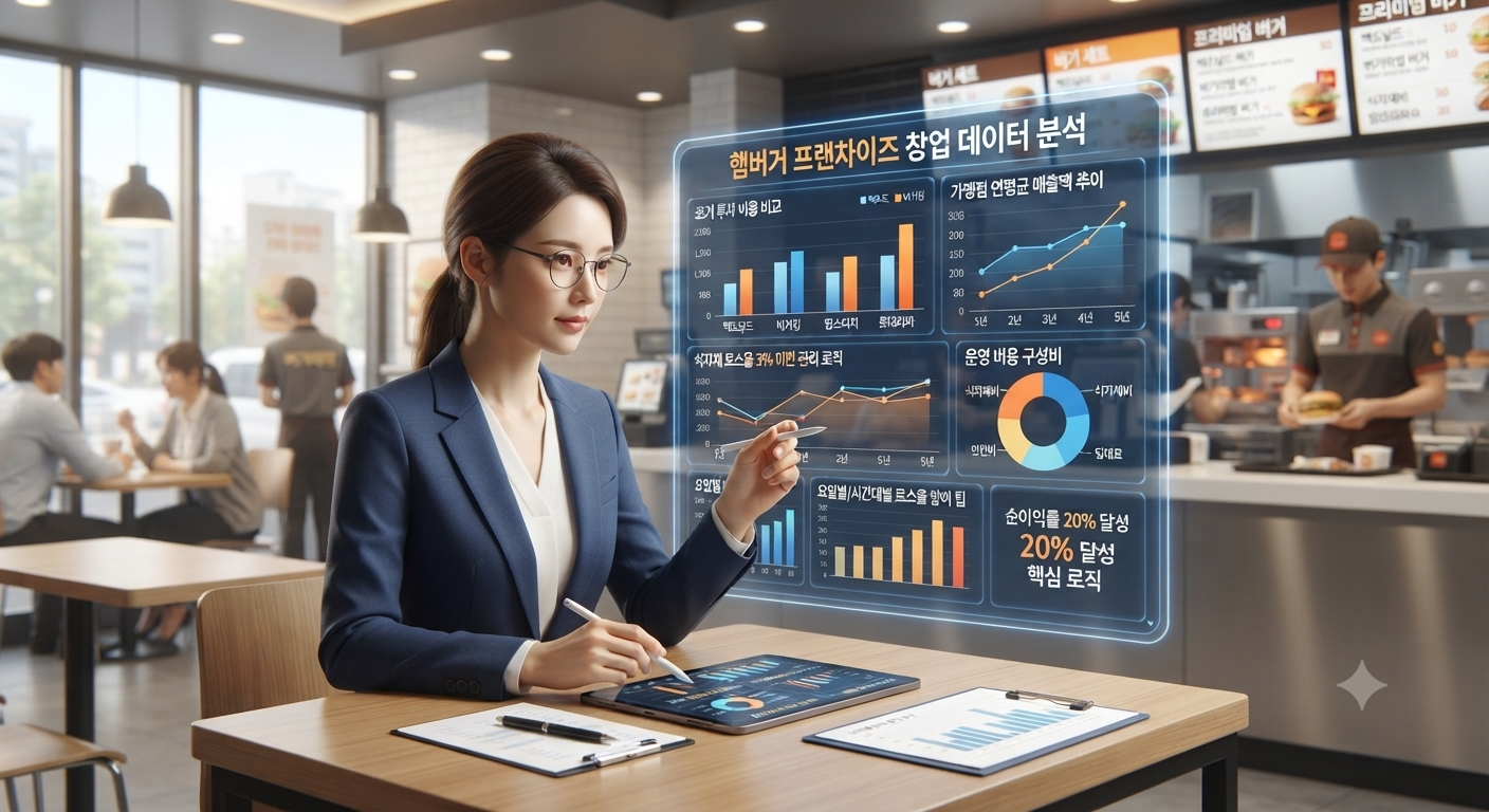 햄버거 프랜차이즈 매장에서 태블릿을 활용해 실시간 매출 현황과 식자재 로스율을 분석하는 창업 전문가의 모습