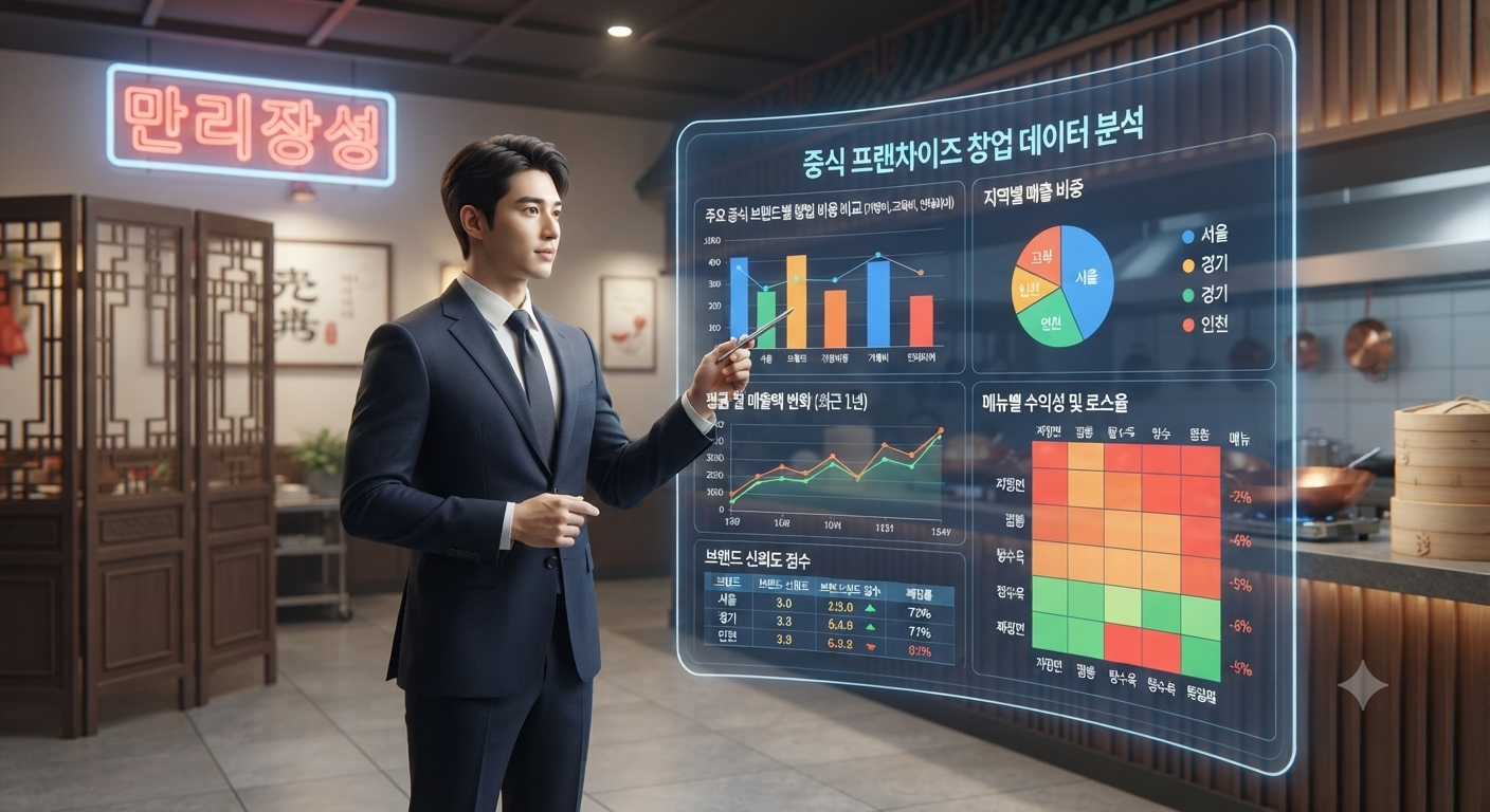 중식 프랜차이즈 창업 관련 5곳의 창업 비용, 매출 효율 및 수익성 데이터를 비교 분석한 도표 및 주방 설비 데이터.