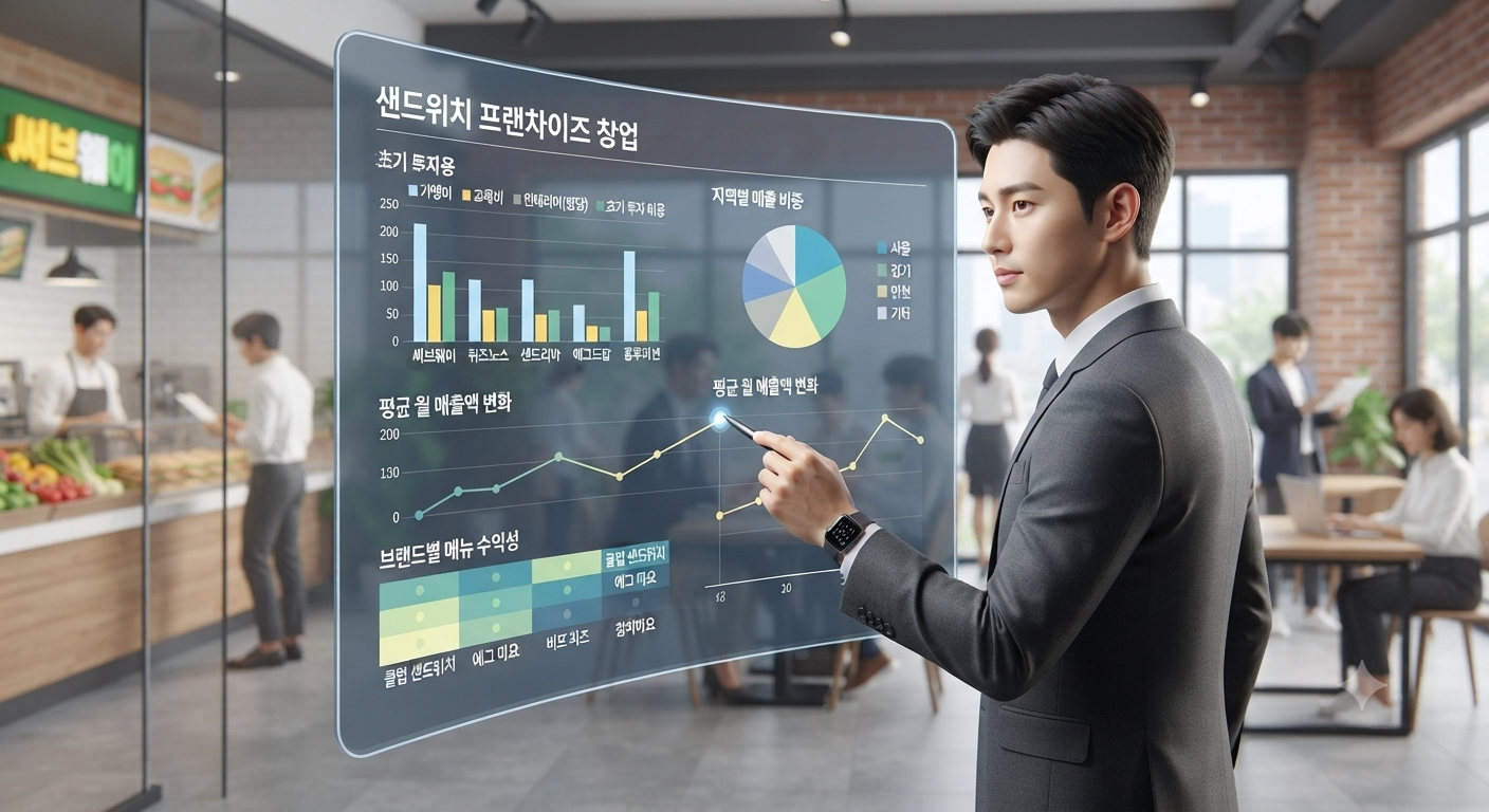 샌드위치 프랜차이즈 5곳의 창업 비용, 매출 효율 및 수익성 데이터 비교 분석표