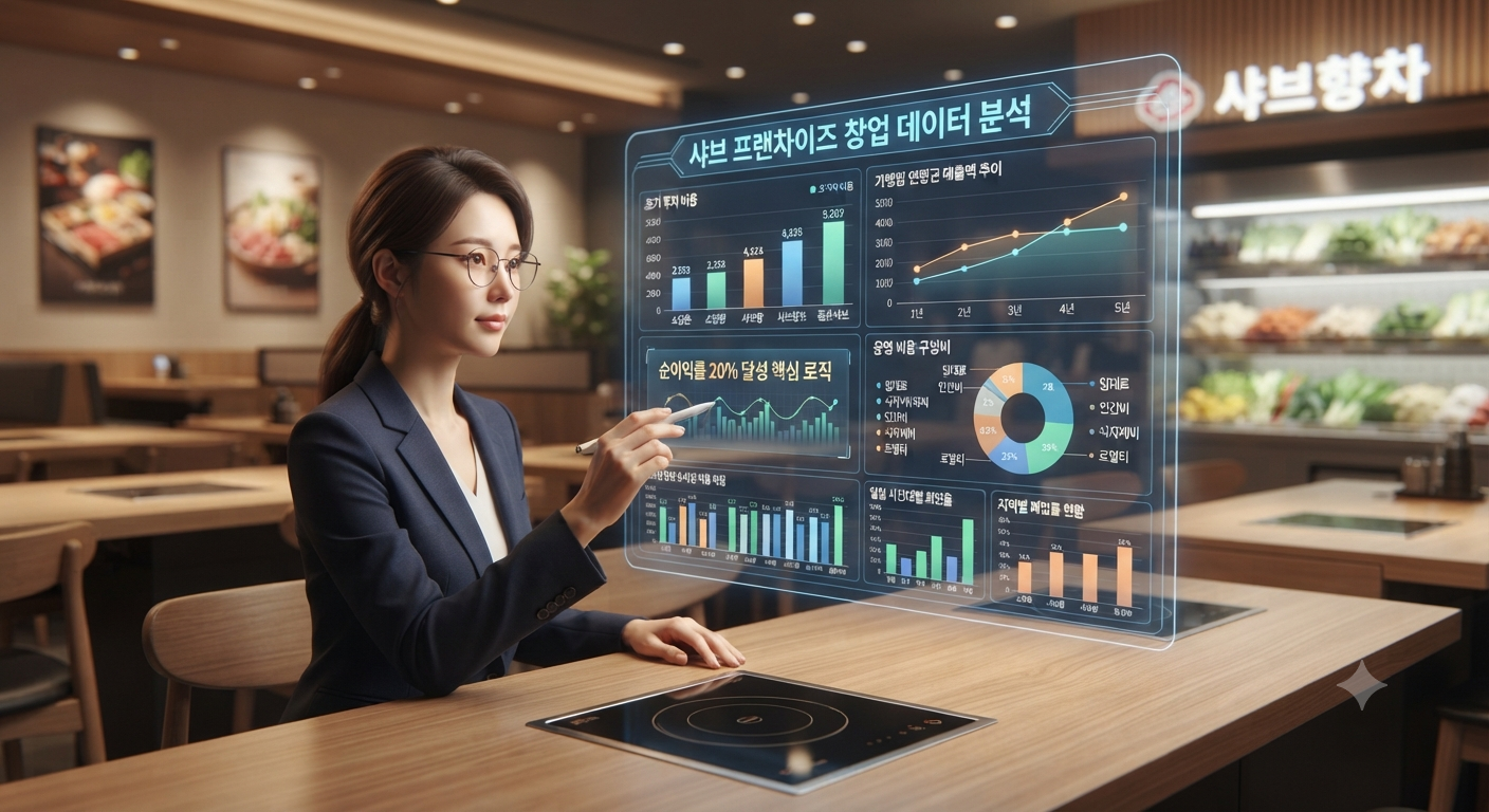 샤브 프랜차이즈 창업 비용 분석 및 가맹점 연평균 매출액, 수익성 데이터 분석 차트.