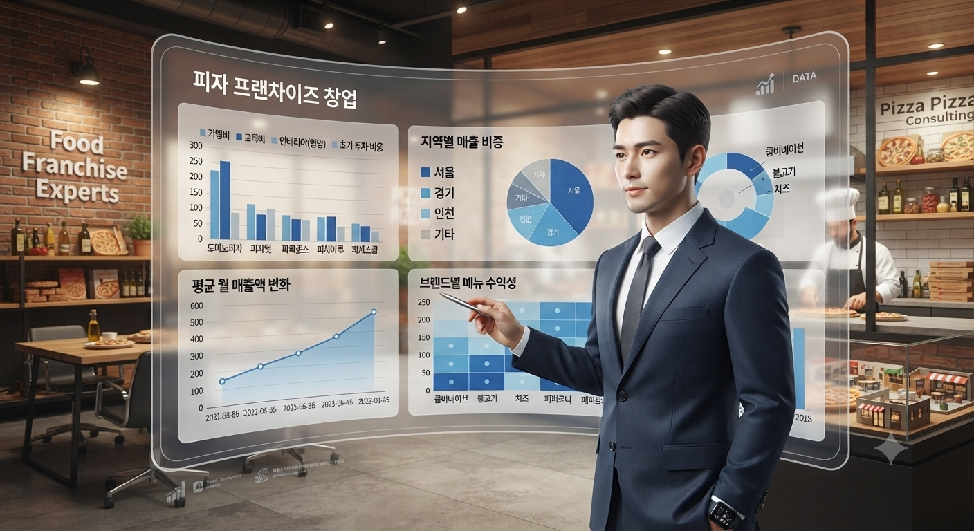 피자 프랜차이즈 5곳의 창업 비용, 매출 효율 및 수익성 데이터 비교 분석표