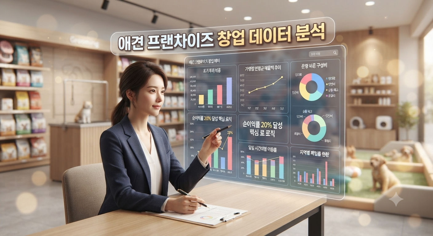 애견 프랜차이즈 창업 비용 분석 및 주요 브랜드 연평균 매출액, 수익성 데이터 차트.