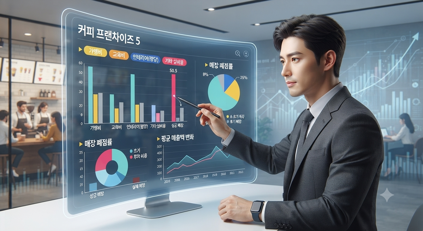 프랜차이즈 5 커피 프랜차이즈 5곳의 창업 비용, 매출 효율 및 수익성 데이터 비교 분석표.